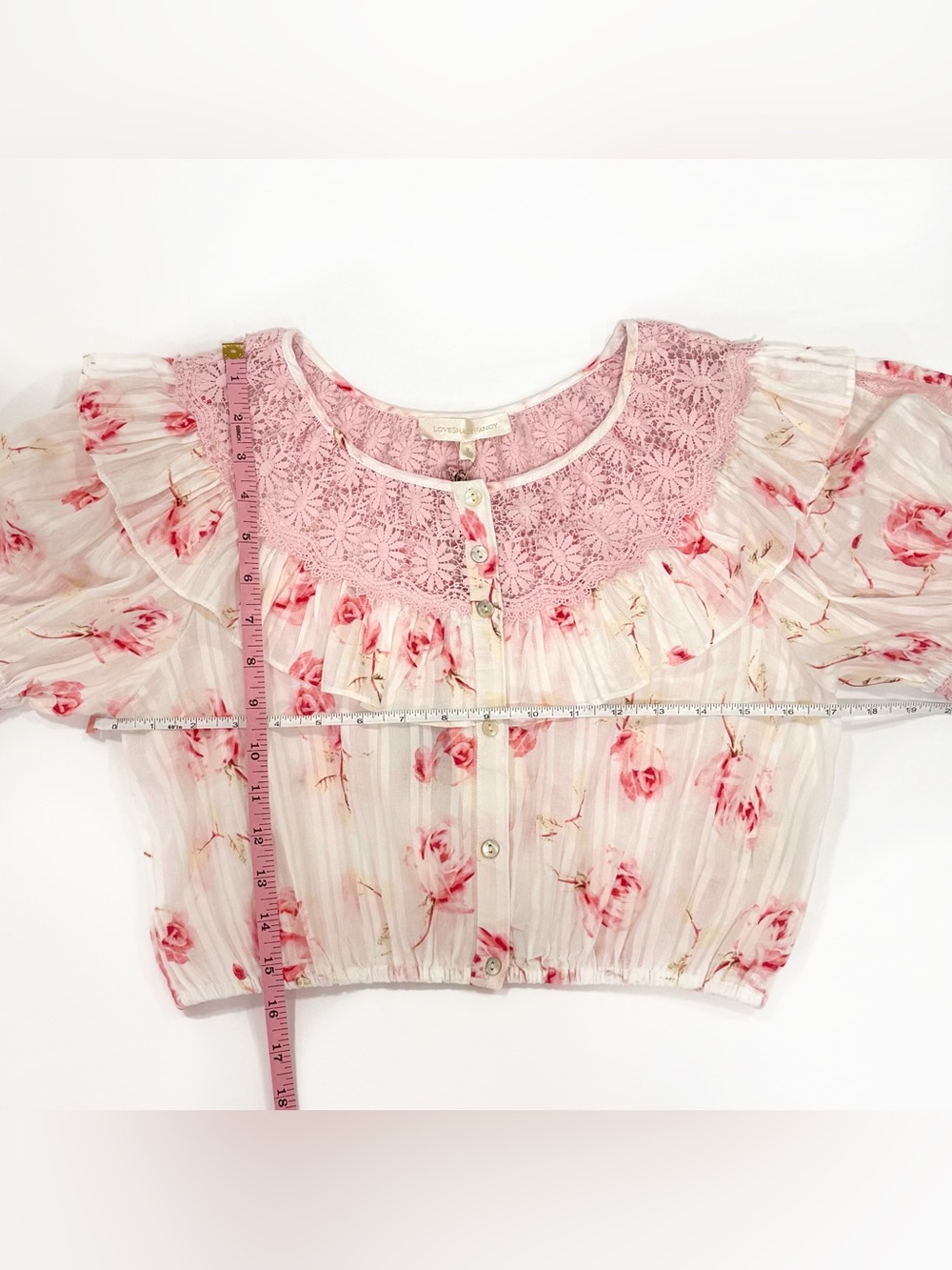 NWT LoveShackFancy Pink & Cream Floral Ruffled Cropped Blouse | Size M - Picture 6 of 6